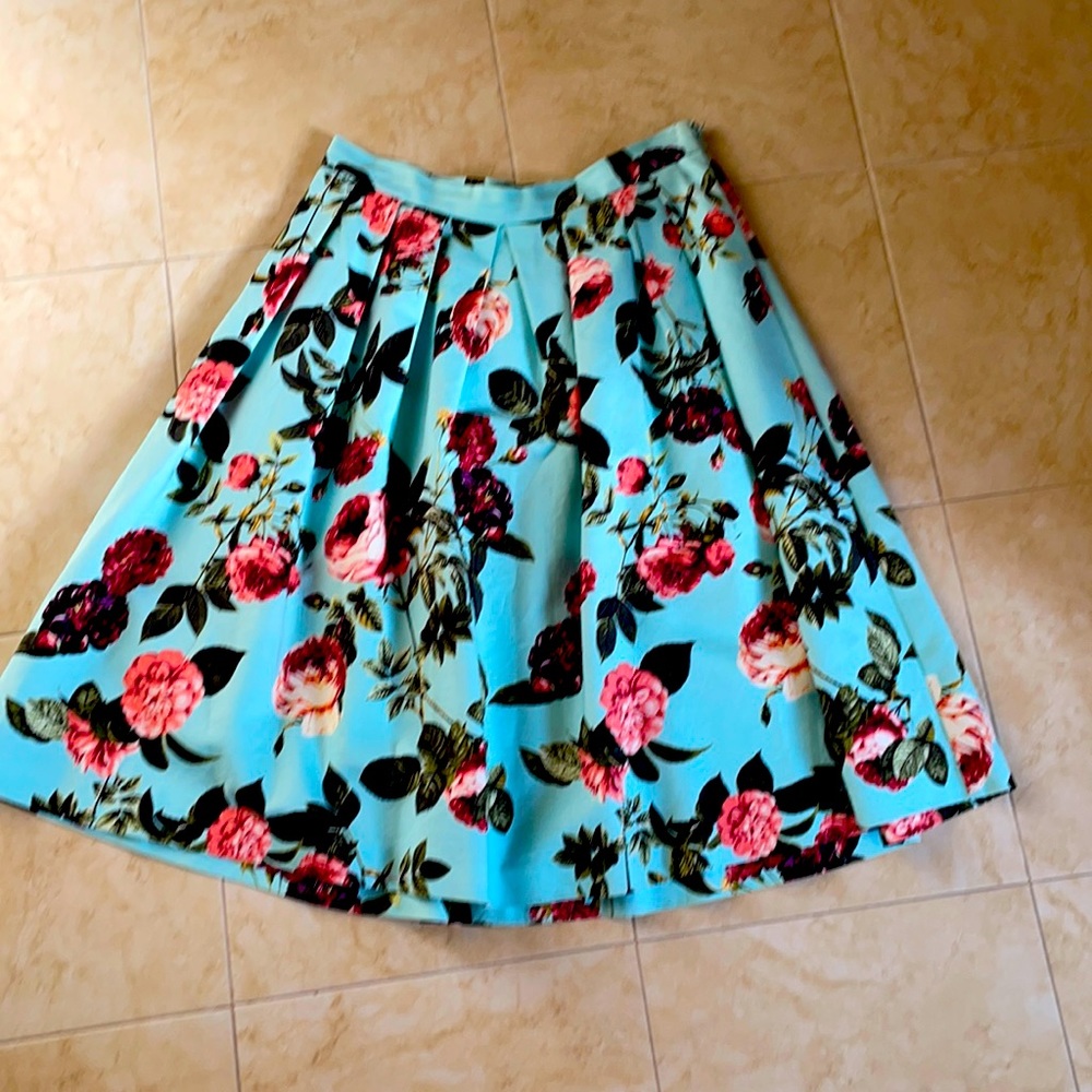 Stunning pleated skirt, print is even prettier in person w/light blue background